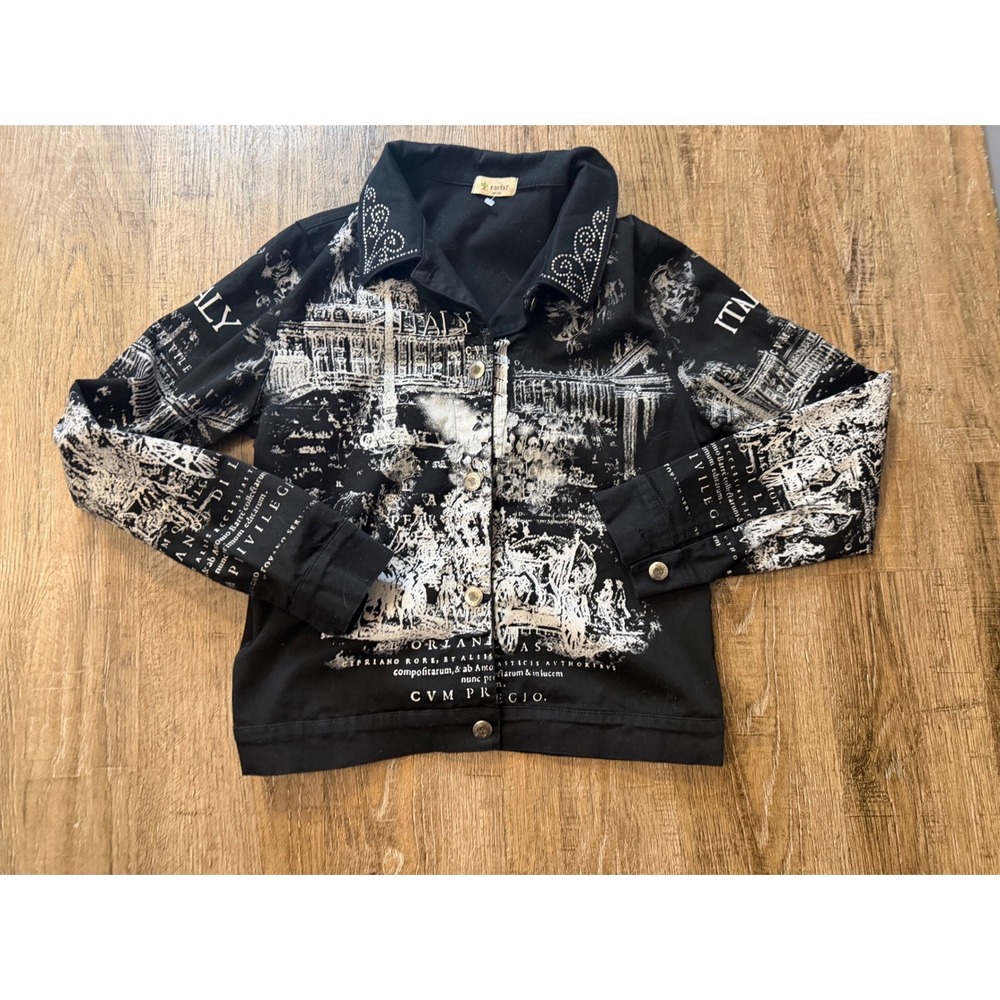 Cactus USA Black Denim Italy Graphic Print Rhinestone Collar Jacket Small